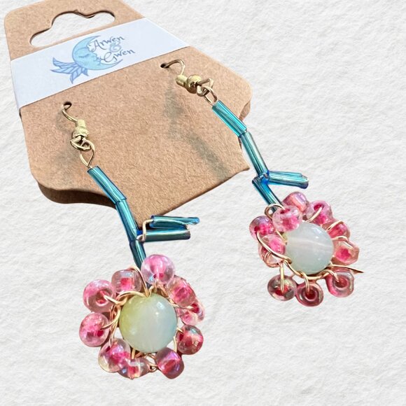 Arwen and Gwen Wire Woven Drop Earrings, Flower Design, Pink and Green - Picture 1 of 2